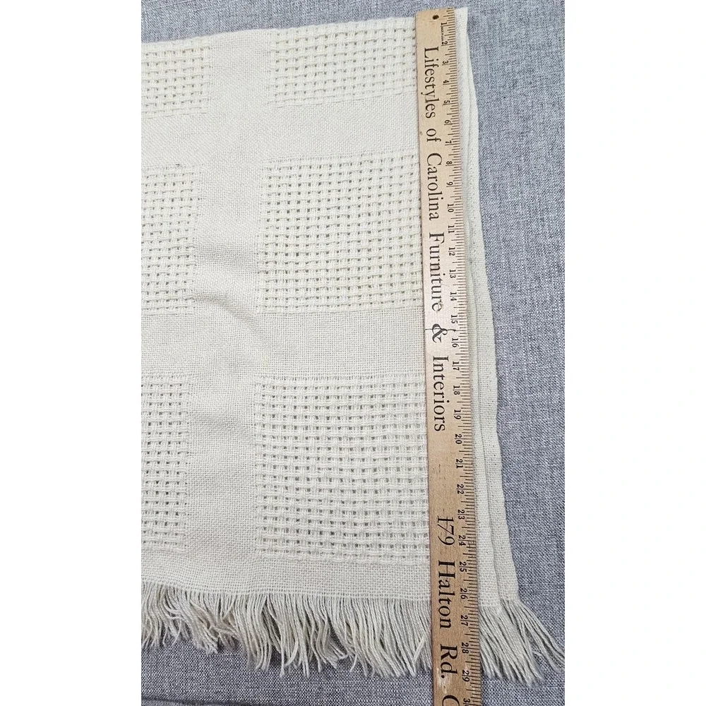 Faribo Wool Throw Blanket 47x60 Beige Waffle Knit Check Fringe USA Made